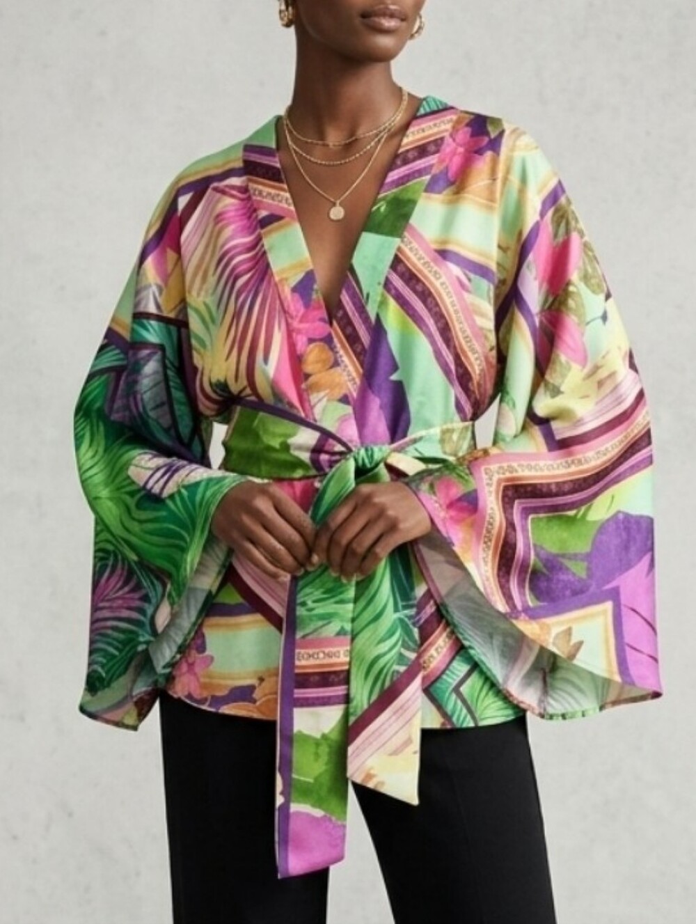 Zara Satin Effecr Vibrant Tropical Print Kimono Wrap Top - Green/Purple